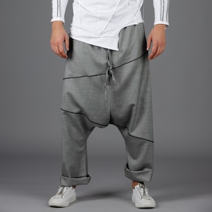 Men's Black Wool Blend Drop Crotch Pants: Japanese Origami Style