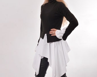Knit Asymmetric Tunic Top: Wool Cotton Blend, Cold Shoulder Blouse