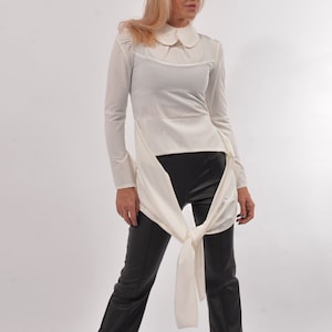 Asymmetric White Blouse: Handmade Italian Fabric Long Sleeve Top