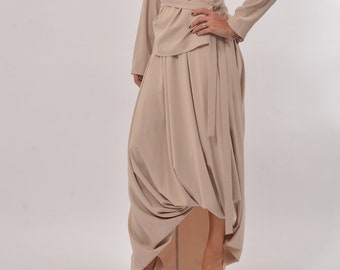 Beige Draped Maxi Skirt: Asymmetrical High Waist Boho Chic