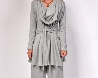 Graues Sportlich-Elegantes Damen Zweiteiler-Set | Graues Jersey Dickes Stretch Baumwoll Set