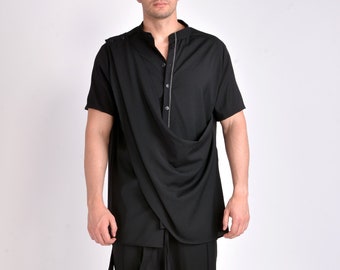 Asymmetric Draped Men's Shirt: Italian Cotton Blend, Avant-Garde Style