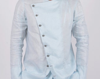 Camicia da uomo in lino italiano fatta a mano: azzurra, asimmetrica, a maniche lunghe