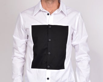 Camisa de algodón blanca hecha a mano con panel negro: diseño moderno de manga larga