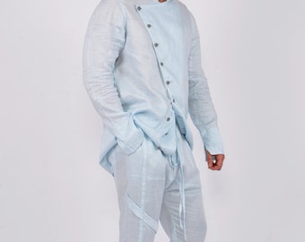 Light Blue Italian Linen Set: Men's Asymmetrical Shirt & Pants