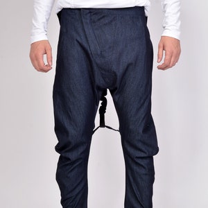 Men’s Drop Crotch Denim Pants – Dark Blue Artistic Jeans with Low Rise – Streetwear Loose Fit Trousers with Adjustable Straps  Denim Fashion