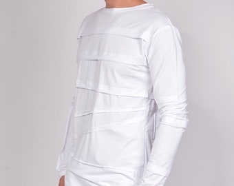 Handmade White Cotton-Wool Blend Long Sleeve Shirt: Avant-Garde Minimalist Top .