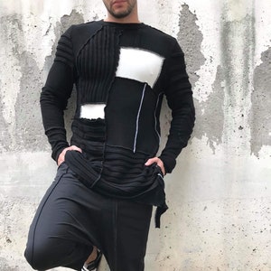 Suéter de punto patchwork hecho a mano: suéter de mezcla de lana en blanco y negro para hombre