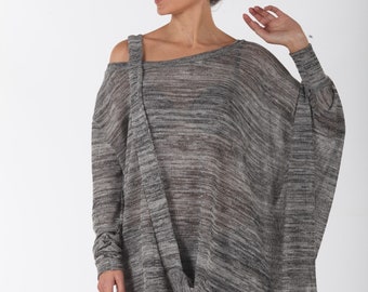 Asymmetric Knit Tunic: Oversized Long Sleeve Cotton Blend Blouse