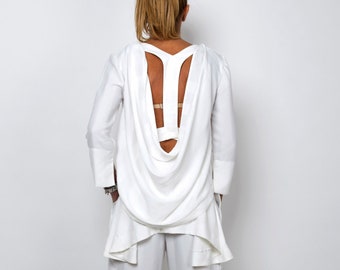 White Cotton Summer Blouse: Asymmetric Open Back Top