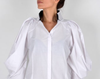 Designer Shirt, Extravagant Blouse, White Shirt, Cocktail Shirt, Long Sleeves Shirt, Office Shirt, Party Top, ConceptBG