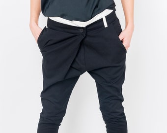 Asymmetric Black Cotton Pants, Drop Crotch Trousers, White Waistband