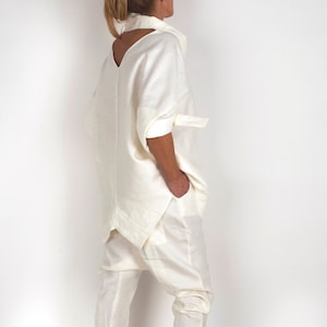 Linen Cut Out Blouse: Asymmetric White Shirt