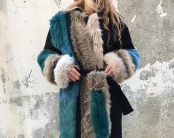 Ręcznie robiony płaszcz z wełny kaszmirowej: wykończenie ze sztucznego futra, designerski zimowy płaszcz