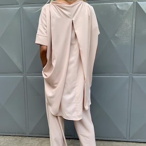 Handmade Italian Viscose Summer Set: Pale Pink Wide-Leg Pants & Asymmetric Tunic