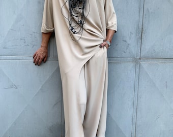 Beige Wedding Guest Outfit Women / Elegant Chiffon Tunic Pants Set / Minimalist Formal Occasion Wear