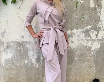 Asymmetrical Cotton Blend Pant Set: Elegant Women's Wedding Guest Outfit