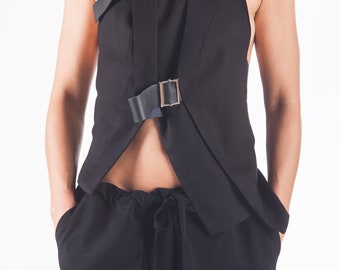 Black Genuine Leather Detail  Asymmetric Vest / Summer Asymmetric Sleeveless Party Tank Top Women