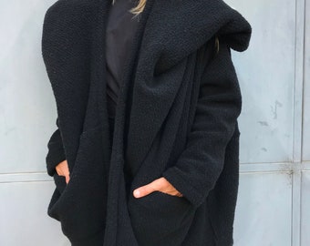 Women Designer Coat, Wool Coat, Winter Jacket, Mid-Length Coat, Loose Cardigan, Long Sleeves Cardigan, Fashion Outerwear, ConceptBG