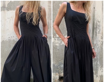 Black Cotton Sleeveless Jumpsuit, Extravagant Wide Leg Elegant Jumpsuit, Organic Clothing Black Sleeveless Jumpsuit with Pockets