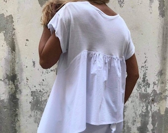 Designer Women T-Shirt, Asymmetric Blouse, Casual Blouse, Women Top, Handmade Blouse, Women Clothing, White T-shirt, ConceptBG