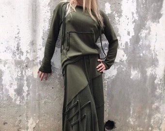 Asymmetric Cotton Skirt Set: Long Sleeve Blouse, Drape Skirt