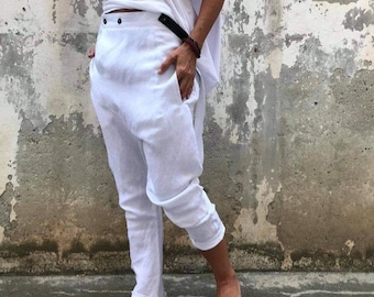 Fashion Linen Pants, Women Pants, Harem Pants, White Trousers, Long Pants, Drop Crotch Pants, Loose Pants, ConceptBG