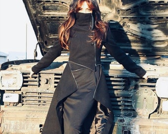 Asymmetrischer Frauenmantel, schwarzer Mantel, Wolljacke, Reißverschluss Mantel, Mode Oberbekleidung, schwarze Jacke, Wintermantel, langer Mantel, ConceptBG