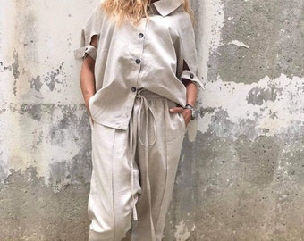 Handmade Linen Two-Piece Set: Relaxed Fit Organic Summer Outfit