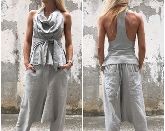 Women Sports Set, Fashion Costume, Harem Pants, Racer Back Vest, Drape Neckline Top, Handmade Sporty Set, ConceptBG