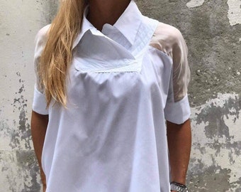 Camicetta stravagante, camicetta bianca, camicia bianca, camicia casual, camicia a maniche corte, top firmato, camicia da ufficio, top da festa, ConceptBG