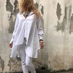 Asymmetric White Cotton Shirt - Extravagant Women&#39;s Blouse