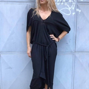 Asymmetric Maxi Dress, Drape Dress, Long Dress, Off Shoulder Dress, Designer Dress, Long Tunic, Black Dress, Short Sleeve Dress, ConceptBG