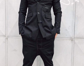 Avant-Garde Black Cotton Suit: Asymmetric Blazer, Drop Crotch Pants