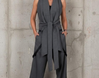 Summer Avant-Garde Cotton and Viscose  Two Piece Suit – Architectural Vest & Wide Leg Trousers Bold
