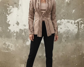 Avant Garde Wool Cashmere Women’s Blazer – Sculptural Beige Jacket, Handmade Designer Tailored Coat