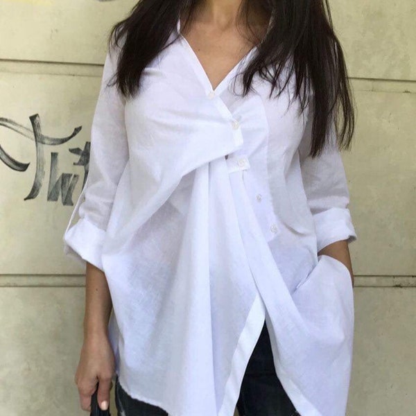 Women White Shirt, Asymmetric Shirt. Extravagant Shirt, Women Blouse, Designer Blouse, Party Shirt, Office Outerwear, ConceptBG