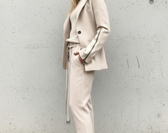 Handmade Linen Suit Women Ivory Natural Set Slit Blazer Drop Crotch Pants Travel Outfit