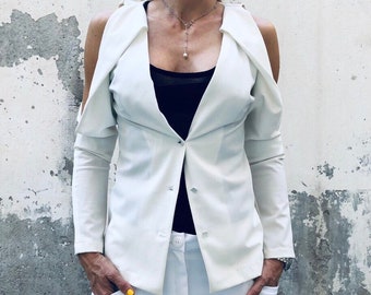 Cold Shoulder Cotton Blazer: Fitted Waist Elegant Jacket