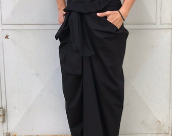 Black Cotton Drop Crotch Pants: Elegant Women's Trousers
