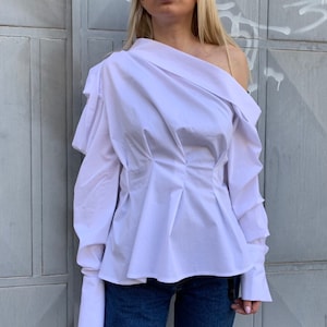 Asymmetric Cold Shoulder Blouse: Designer White Shirt
