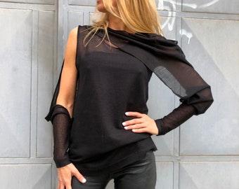 Asymmetrical Black Sheer Cotton Knit Top – Handmade Designer Women&#39;s Blouse – Convertible Long or Short Sleeve Shirt – Lightweight Fabric