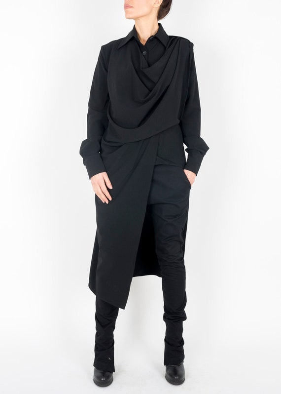 Asymmetric Black Shirt Designer Blouse Long Shirt Fashion | Etsy