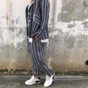 Striped Linen Summer Suit for Women | Handmade Two-Piece Set with Relaxed Fit Blazer and Drop-Crotch Pants | Lightweight Linen Outfit ,.