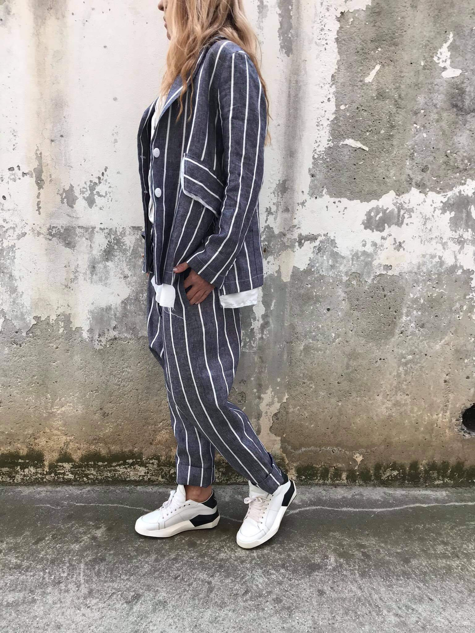 Handmade Striped Linen Suit Relaxed Blazer & Drop-Crotch Pants