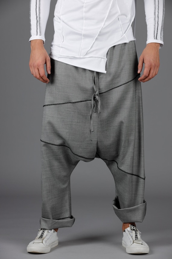 Handmade Gray Wool Blend Drop Crotch Pants: Japanese Style