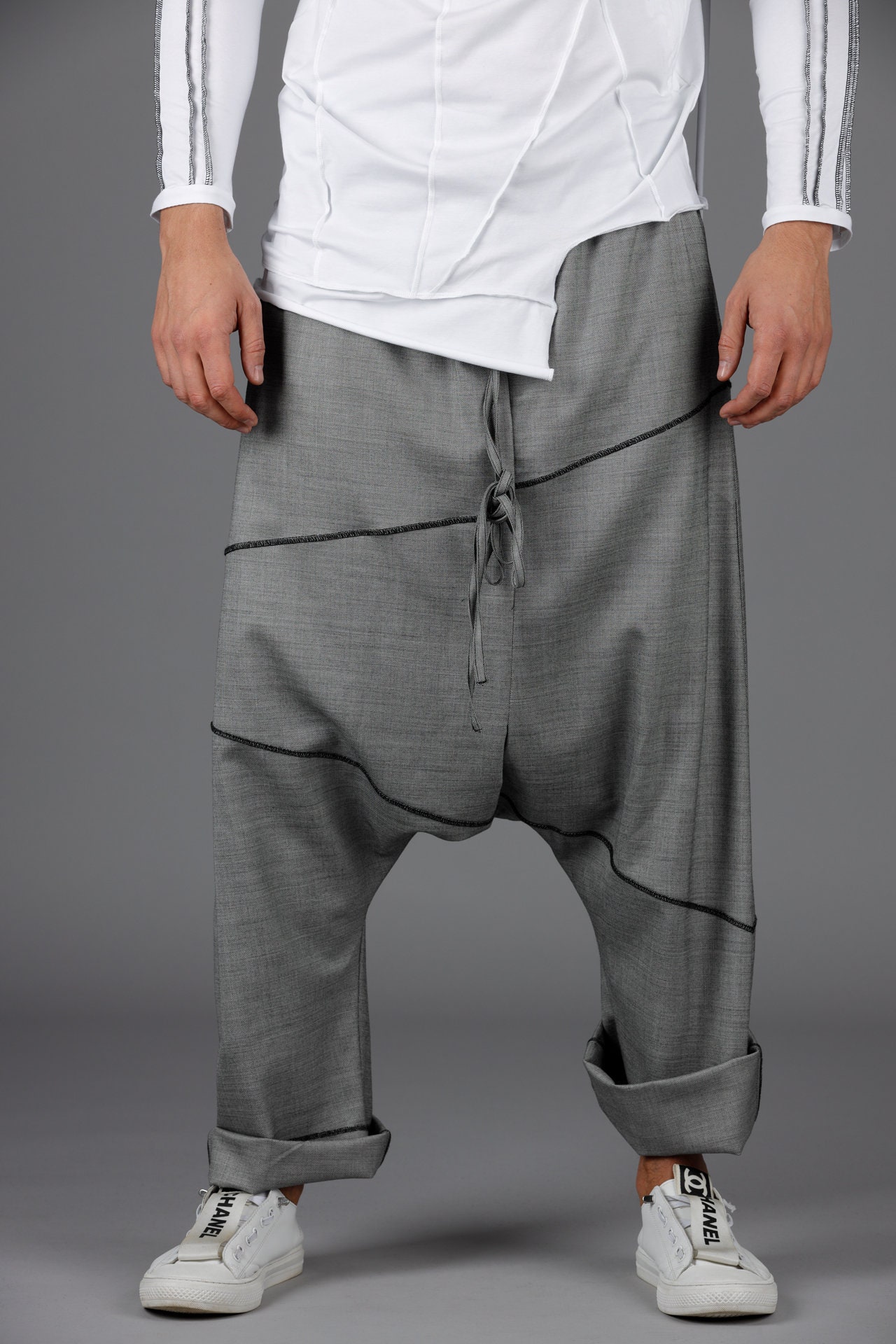 Handmade Gray Wool Blend Drop Crotch Pants: Japanese Style