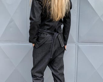 Denim Women's Set: Sleeveless Blazer & Harem Pants