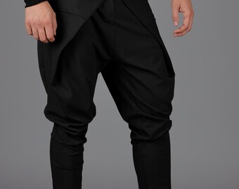Men's Black Wool Blend Drop Crotch Pants: Japanese Origami Style