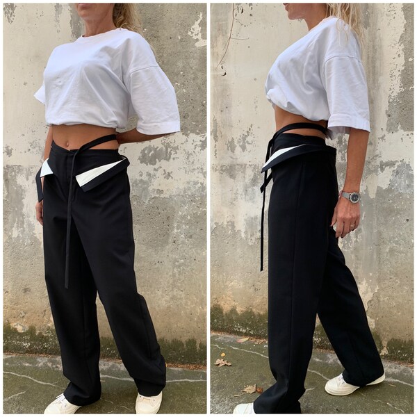 Pantalons tendance, Pantalons femme, Pantalons de créateur, Pantalons blancs, Pantalons longs, Pantalons avec entrejambe bas, Pantalons amples, ConceptBG, Mode bulgare PA01